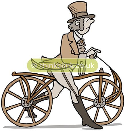 Olden days bicycle and cyclist wearing top hat cartoon