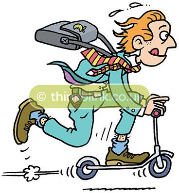 business commuter using small scooter to get to work cartoon