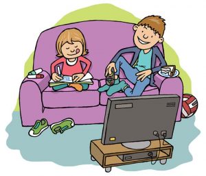 Sister and brother watching TV from settee cartoon