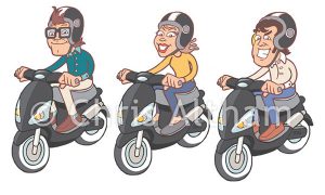 three people riding vespar scooters cartoon